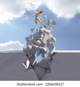 Man Breaks Out From A Concrete Building . Breaking Free And Mindset Concept . This Is A 3d Render Illustration . 