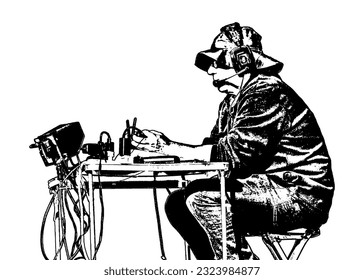 Man broadcasting isolated on white stencil style graphic