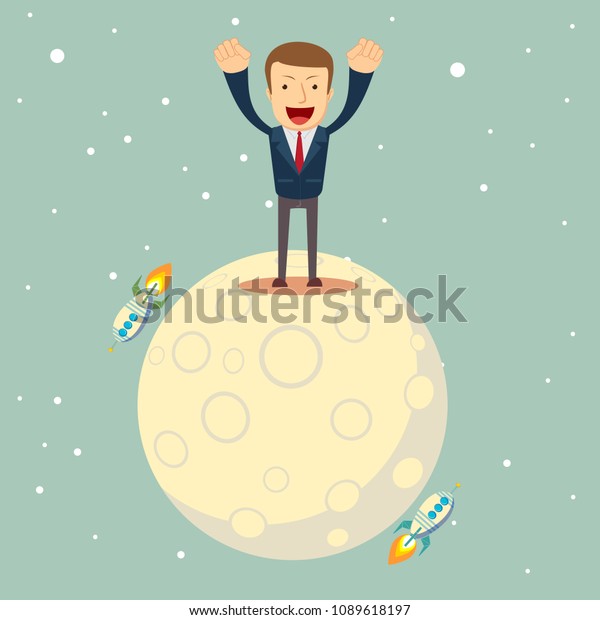 a man in a business
suit conquered the moon. Start up business concept. Stock flat
illustration.