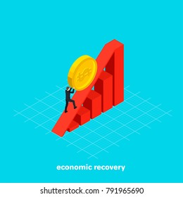 A Man In A Business Suit Rolls A Coin To The Top Of The Slide Chart, Economic Recovery, Isometric Image