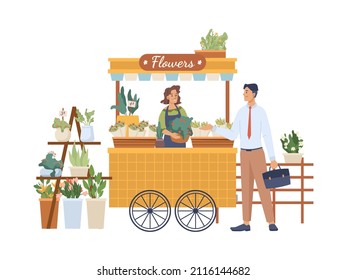 Man buys flowers at flower stand, woman seller sells bouquet in street shop isolated cartoon characters. buyer at outdoor local market. Concept of retail, small business, private enterprise - Powered by Shutterstock