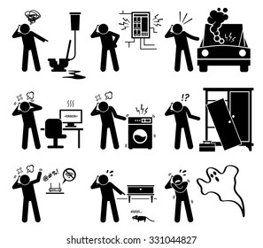 Man Calling and Complaining with Phone for Household Problems - Plumbing, Electricity, Car, Computer, Electrical, Furniture, Internet, Pest, and Ghost - Powered by Shutterstock