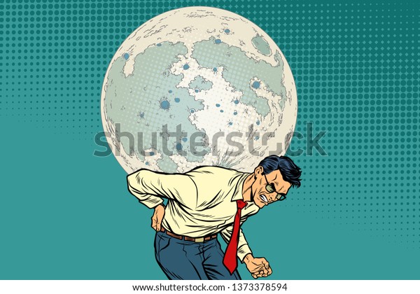 Man carries big moon. Pop art retro  illustration\
vintage kitsch\
drawing