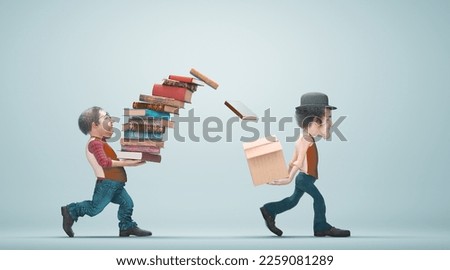 Man carries a stack of books and one catch them in a box. Teamwork and teambuilding concept. This is a 3d render illustration