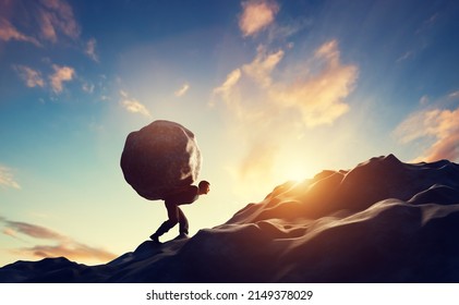 Man Carrying Haeavy Stone, Boulder Uphill. Strong Motivation, Effort And Struggle 3d Render