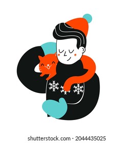 Man With Cat. Boy In Winter Sweater Hold Cat On Shoulders. Pets Lover Illustration. Animal Friends Concept Art