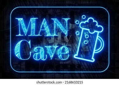 Man Cave Neon Sign On A Dark Wooden Wall 3D Illustration