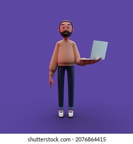 Man Character Holding Laptop, 3d Rendering