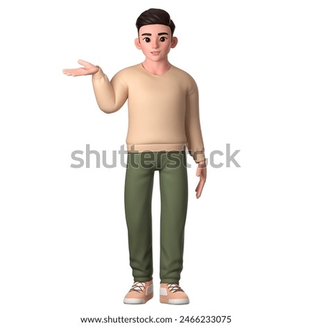 Man character presenting using his right hand, 3D Character Illustration.