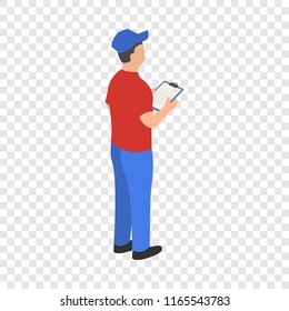 Man checking warehouse icon. Isometric of man checking warehouse icon for on transparent background