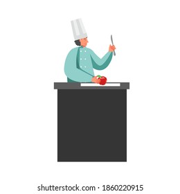 Man chef cook holding knife and red apple, flat illustration isolated on white background. Restaurant worker in uniform cooking. - Powered by Shutterstock