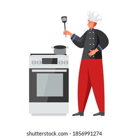 Man chef cook with kitchen scapula preparing tasty food while standing next to cooker, flat illustration isolated on white background. Restaurant worker in uniform cooking. - Powered by Shutterstock