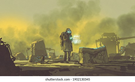 man in chemical protective suit uses a hi-tech device to check the area, digital art style, illustration painting