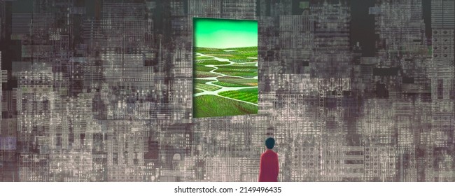 A Man In The City Looking At Nature Landscape In A Surreal Window. Concept Art Of Change, Solution, Freedom, Hope, Life And Environment.  3d Illustration. Life In The Town. Conceptual Artwork.