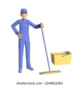 Man in a cleaner's uniform with a mop and a bucket in his hands. Cleaning services. 3d rendering - Powered by Shutterstock