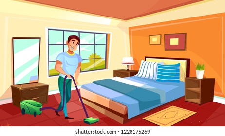 Man cleaning room illustration of househusband or college boy with vacuum cleaner on carpet. Clean home service worker in bedroom of modern or retro apartments interior with furniture - Powered by Shutterstock