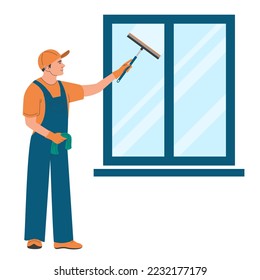 Man cleaning window using squeegee. Cleaning service worker in uniform with speacial tool. Professional worker. - Powered by Shutterstock