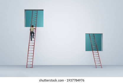 Man Climbing On A Ladder To An Window . Illusion Mindset And Growth Concept . This Is A 3d Render Illustration .