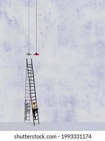 A Man Climbs A Ladder To Change A Burned Out Light Bulb In This 3-d Illustration About Household Tasks That Seen Demanding.