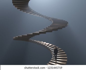 Man Climbs The Spiral Staircase, 3d Illustration