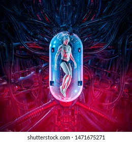 The Man Clone Pod / 3D Illustration Of Science Fiction Scene Showing Human Male Figure Inside Complex Futuristic Alien Incubator Cloning Machinery