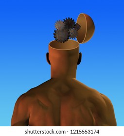 Man with cogwheels in head. 3D rendering