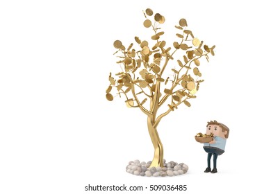 A Man Collects Gold Coins Under The Golden Tree.3D Illustration.