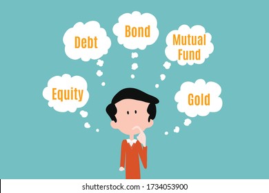Man Confuse With Investment Choices. Different Investment Options. Asset Allocation In Different Asset Classes. Financial Education Concept.