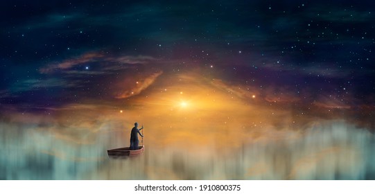 Man In Cowl, Magician Floating On Ship In Clouds At Sunset Sky With Stars. Digital Painting, 3D Rendering 