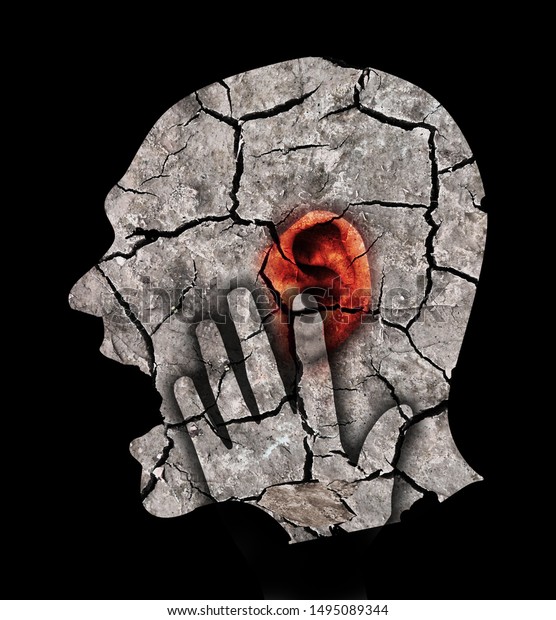 耳と頭にひびが入った人で 耳鳴りと耳の問題を象徴する 男性の頭をスタイル化したプロファイル 乾いた割れた土を持つフォトモンテージ 耳鳴り うつ病を象徴するコンセプト のイラスト素材