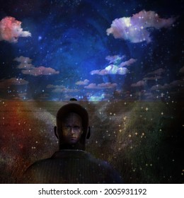 Man with creative mind. Surreal composition. 3D rendering.