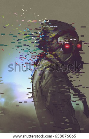 the man cyborg in a futuristic mask with glitch effect, digital art style, illustration painting