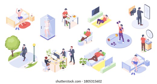 Man daily life, home routine, work and everyday activity, isometric icons. Man daily life at home and work office, morning wake up, gym exercises, eating breakfast, reading and relaxing on sofa - Powered by Shutterstock