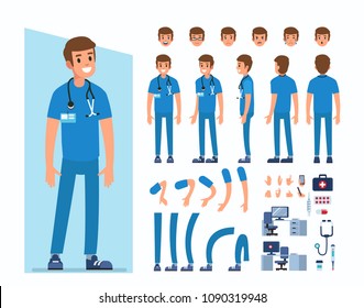 Man doctor character constructor and objects for animation scene. Set of various men's poses, faces, mouth, hands, legs. Flat style illustration isolated on white background.