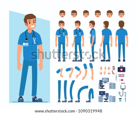 Man doctor character constructor and objects for animation scene. Set of various men's poses, faces, mouth, hands, legs. Flat style illustration isolated on white background.