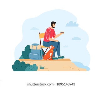 Man With Dog Hiking And Having Summer Trip. Guy Sitting On Chair And Eating Sandwich Near Backpack On Cliff With Pet. Traveling Activity, Leisure Time, Having Journey On Nature  Illustration