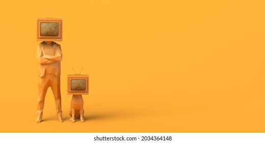 Man and dog with an old television instead of a head. Passive subjects. Control and manipulation of mass media. Television audience. 3D illustration. Copy space.