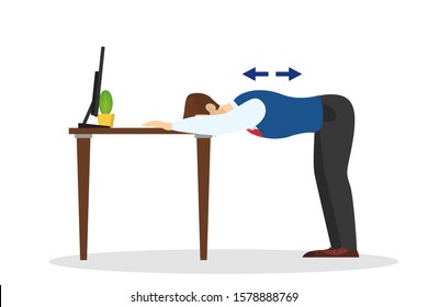 Man Doing Exercise For Body Stretch In Office Using Desk. Workout During The Break. Stretching Neck And Shoulder. Body Health.  Illustration In Cartoon Style