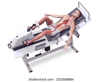 Man Doing Fitness Test On Exercise Bike At The Medical Centre, Echo Cardiac Stress Table, Blood Count, Heart, 3d Rendering