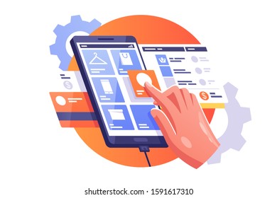 Man doing shopping illustration. Male hand choosing goods on tablet via internet app in e-shop flat style design. Guy putting button of selected product category. E-purchasing concept