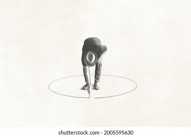 man drawing black circle 
around him with chalk, loneliness concept