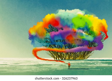 Man Draws Abstract Tree With Colorful Smoke Flare,illustration Painting