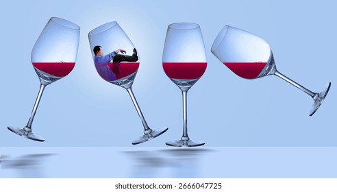 A man with a drinking problem is pictured trapped inside a stemware wine glass 