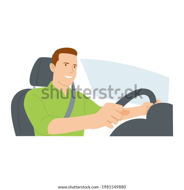 man driving a car. man wearing green shirt driving\
car wearing seat\
belt
