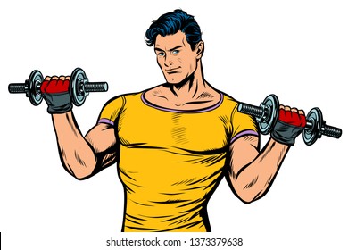 man with dumbbells isolate on white background. Pop art retro  illustration kitsch vintage drawing