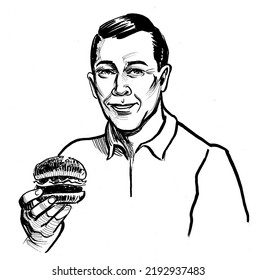 Man Eating Burger. Ink Black And White Drawing