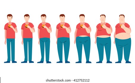 Man eating fast food and getting fatter. a fat phase. Do not dieting. Junk food. Malnutrition.