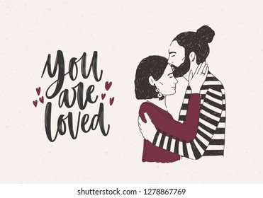 Man Embracing And Kissing Woman On Forehead And You Are Loved Lettering Decorated With Tiny Hearts. Pair Of Romantic Partners On Date. Hand Drawn  Illustration For 14 February Greeting Card.