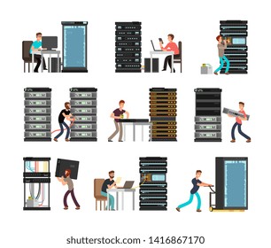 Man engineer, technician working in server room. Digital computer center support, data storage. cartoon characters set. Illustration storage system, security and diagnostic support technology