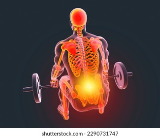 A man experiencing back pain while lifting a barbell with highlighted skeleton, conceptual 3d illustration